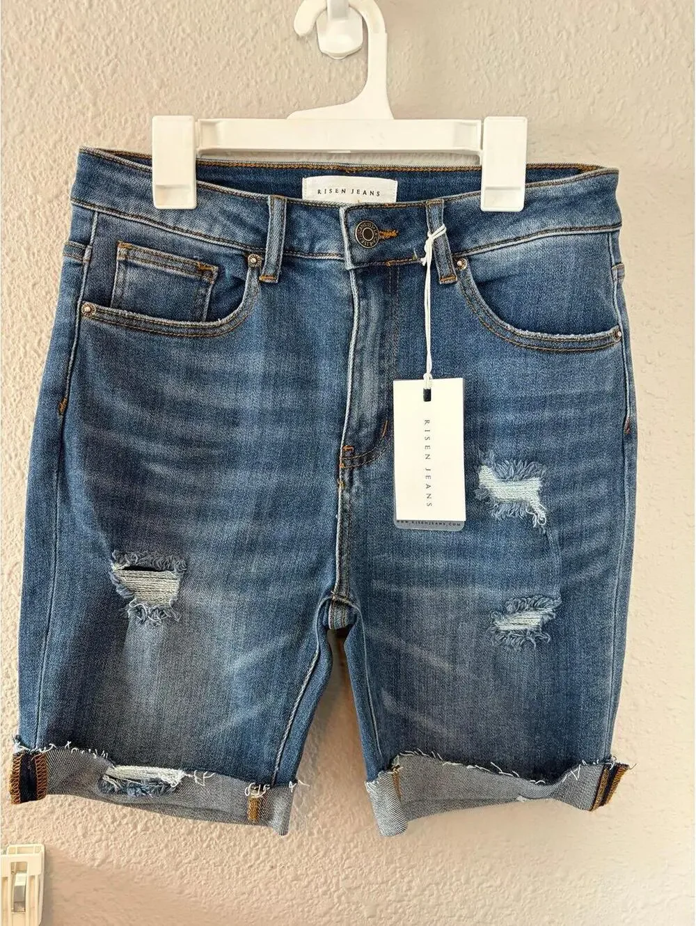 NWT Risen Jeans Hi-Rise Distressed Long Shorts size M. $48 retail. 7in inseam.